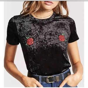Forever 21 Plus Size 2X Black Crushed Velvet Rose Embroidered T-Shirt Top